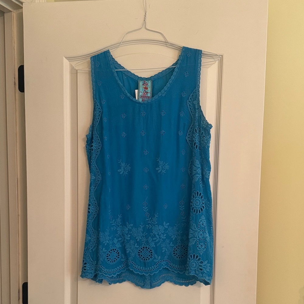JOHNNY WAS Sleeveless Blue Eyelet Lace Women’s Top
